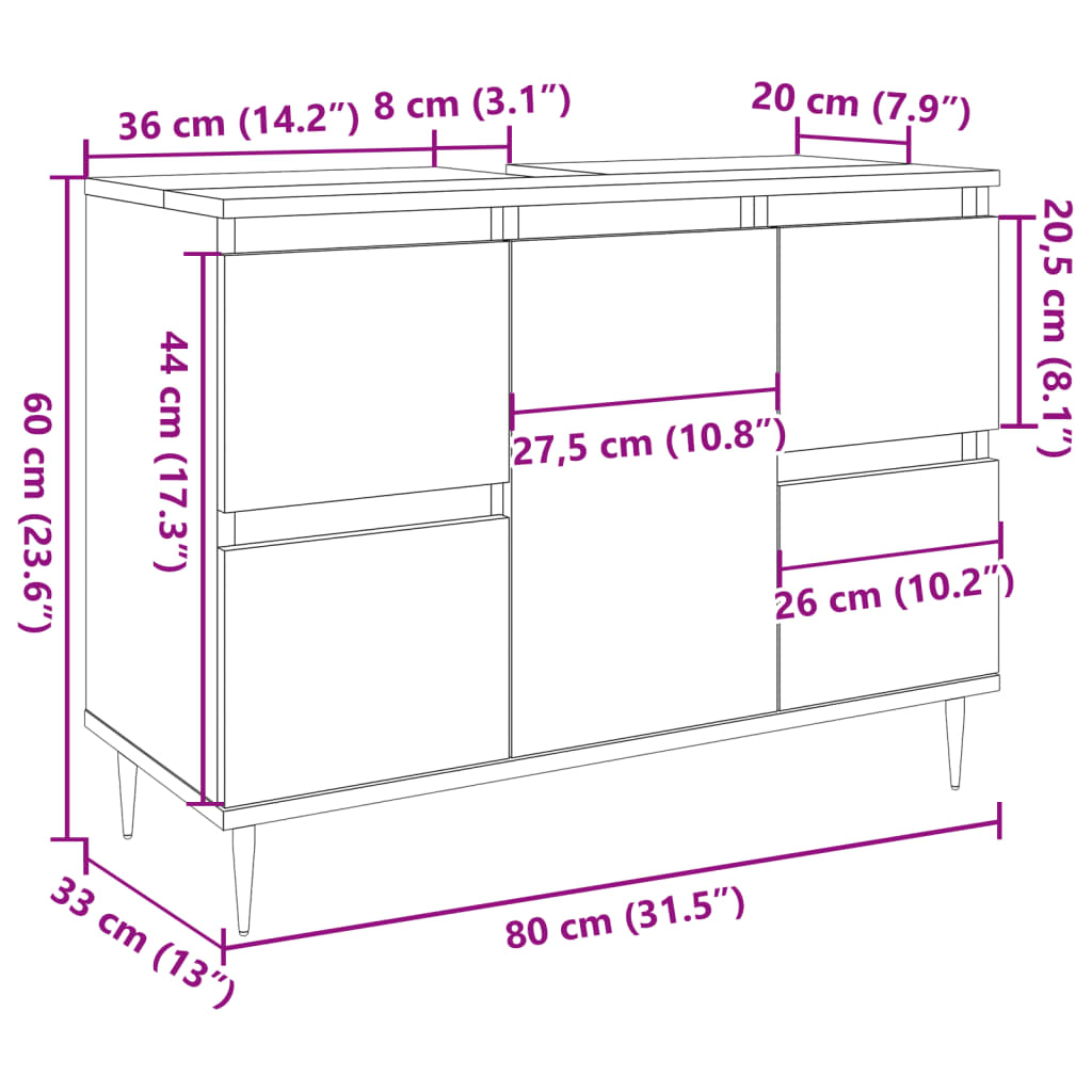 Baderomsskap betonggrå 80x33x60 cm konstruert tre