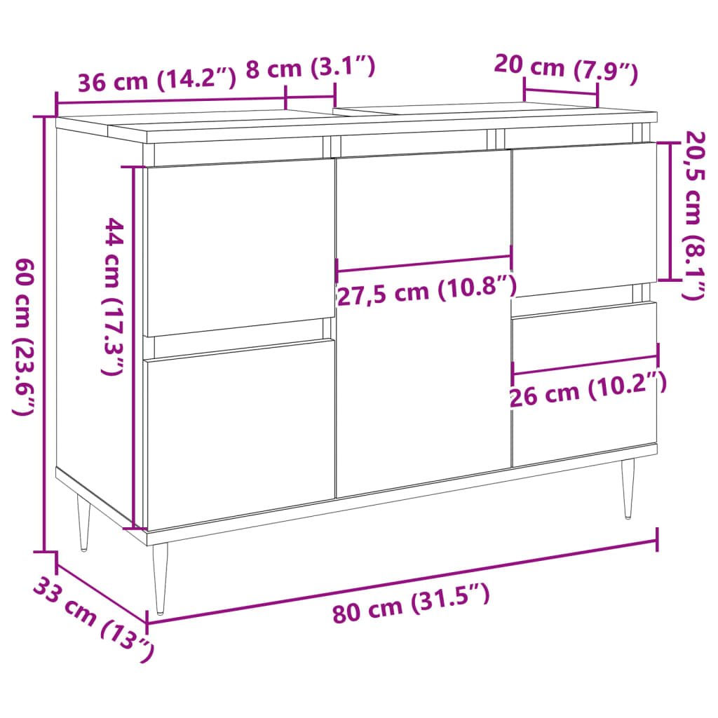 Baderomsskap gammelt tre 80x33x60 cm konstruert tre