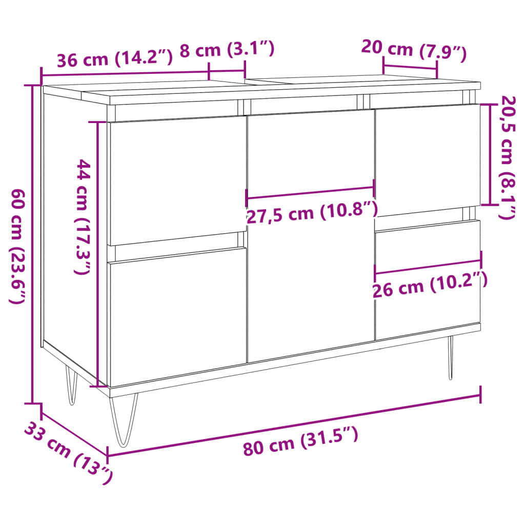 Baderomsskap betonggrå 80x33x60 cm konstruert tre