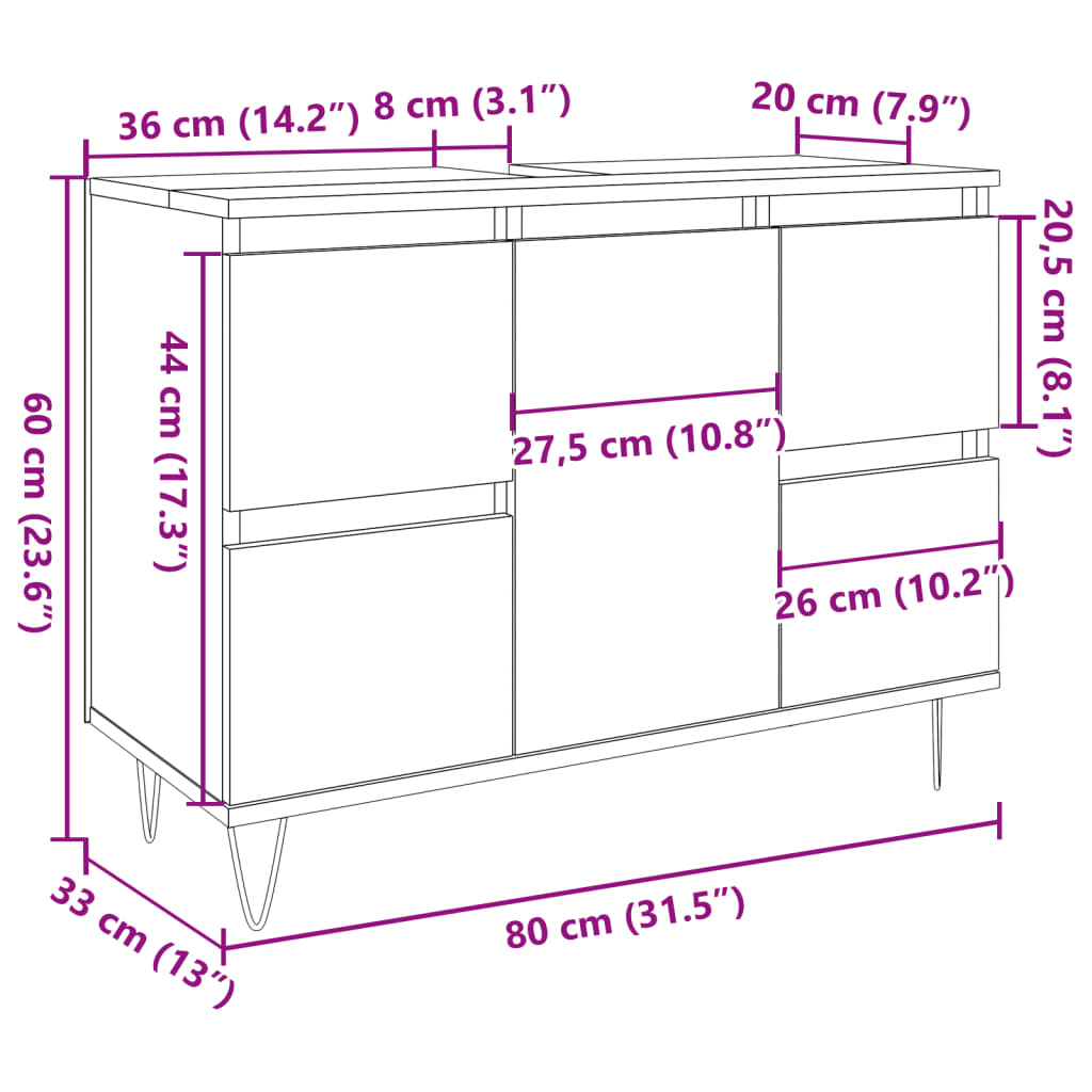 Baderomsskap gammelt tre 80x33x60 cm konstruert tre