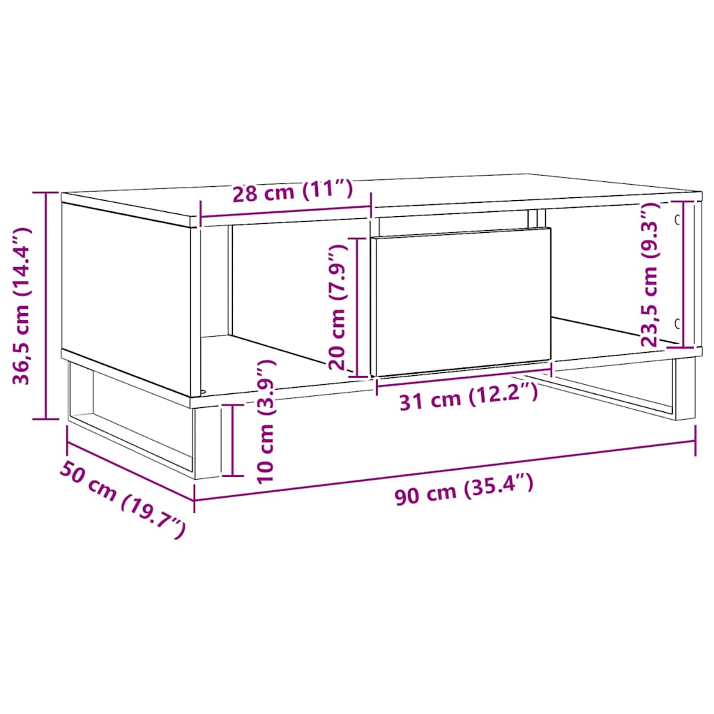 Salongbord artisan eik 90x50x36,5 cm konstruert tre