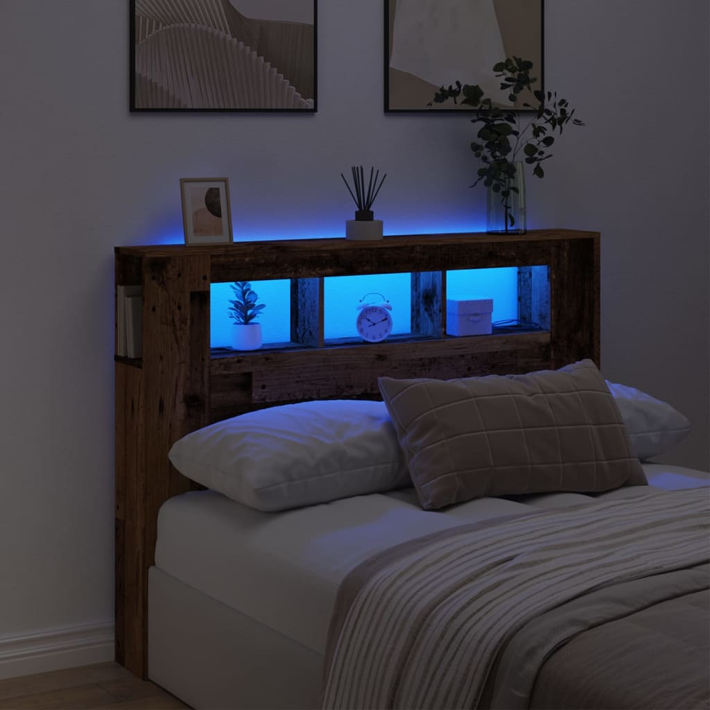 Sengegavl med LED gammelt tre 140x18,5x103,5 cm konstruert tre
