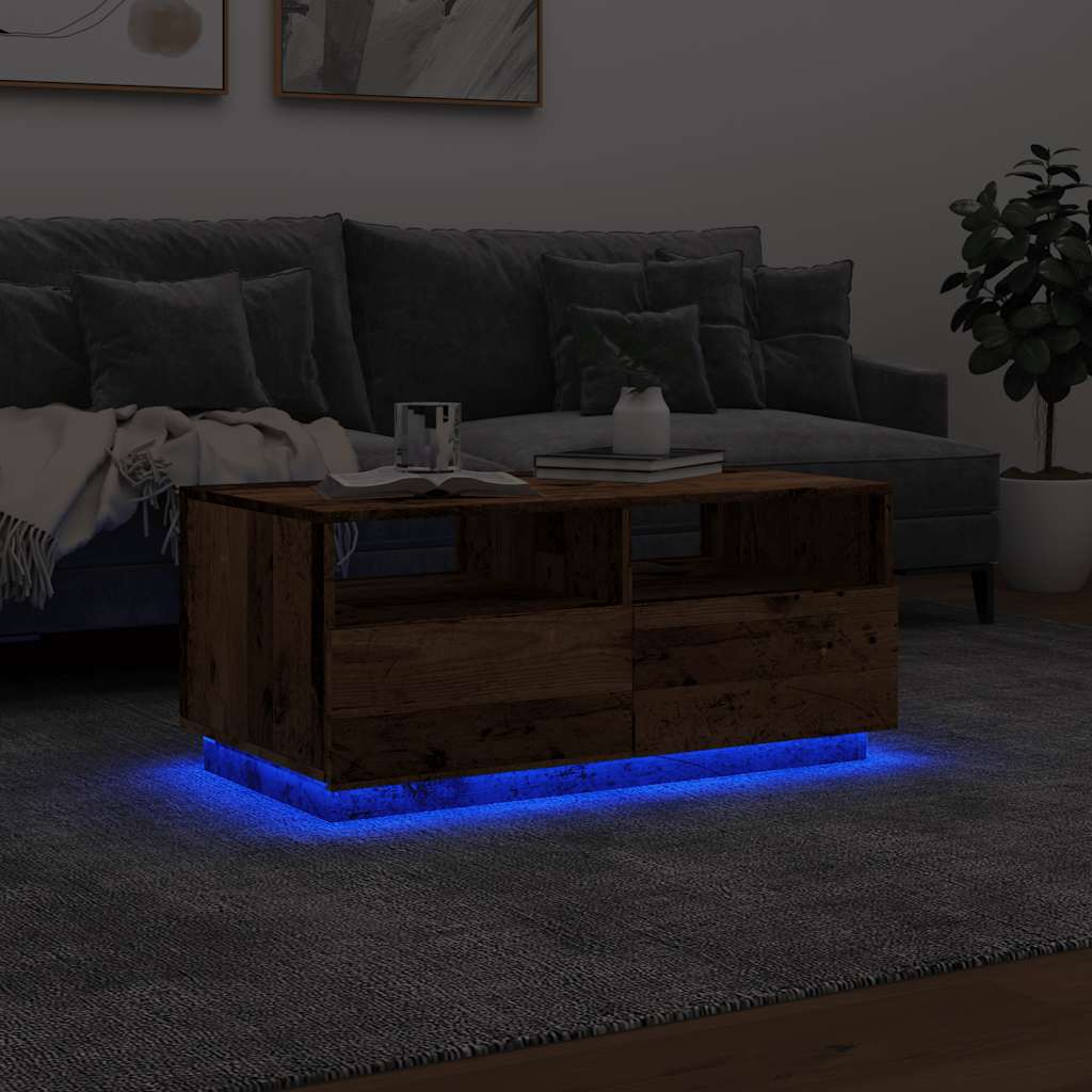 Salongbord med LED-lys gammelt tre 90x49x40 cm