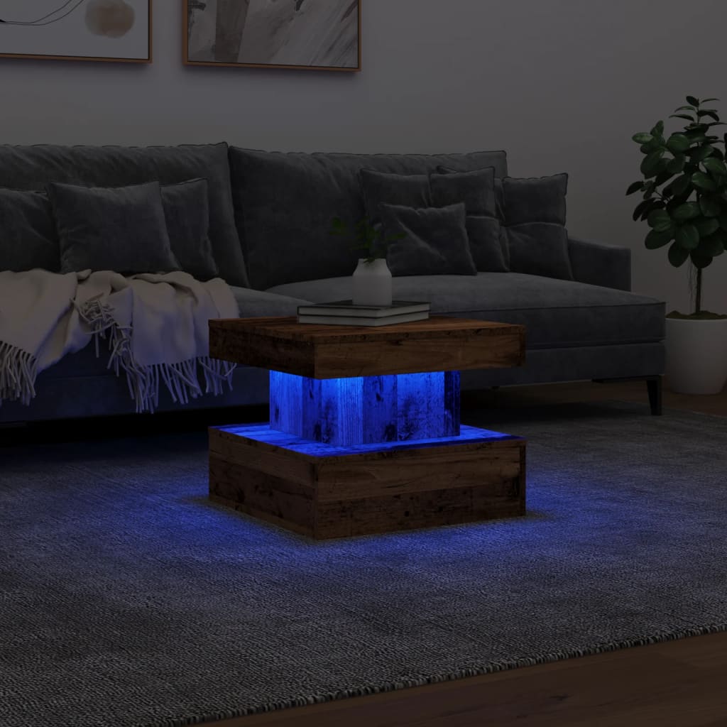 Salongbord med LED-lys gammelt tre 50x50x40 cm
