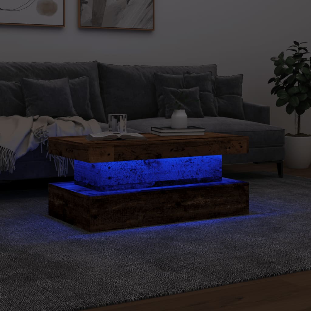 Salongbord med LED-lys gammelt tre 90x50x40 cm