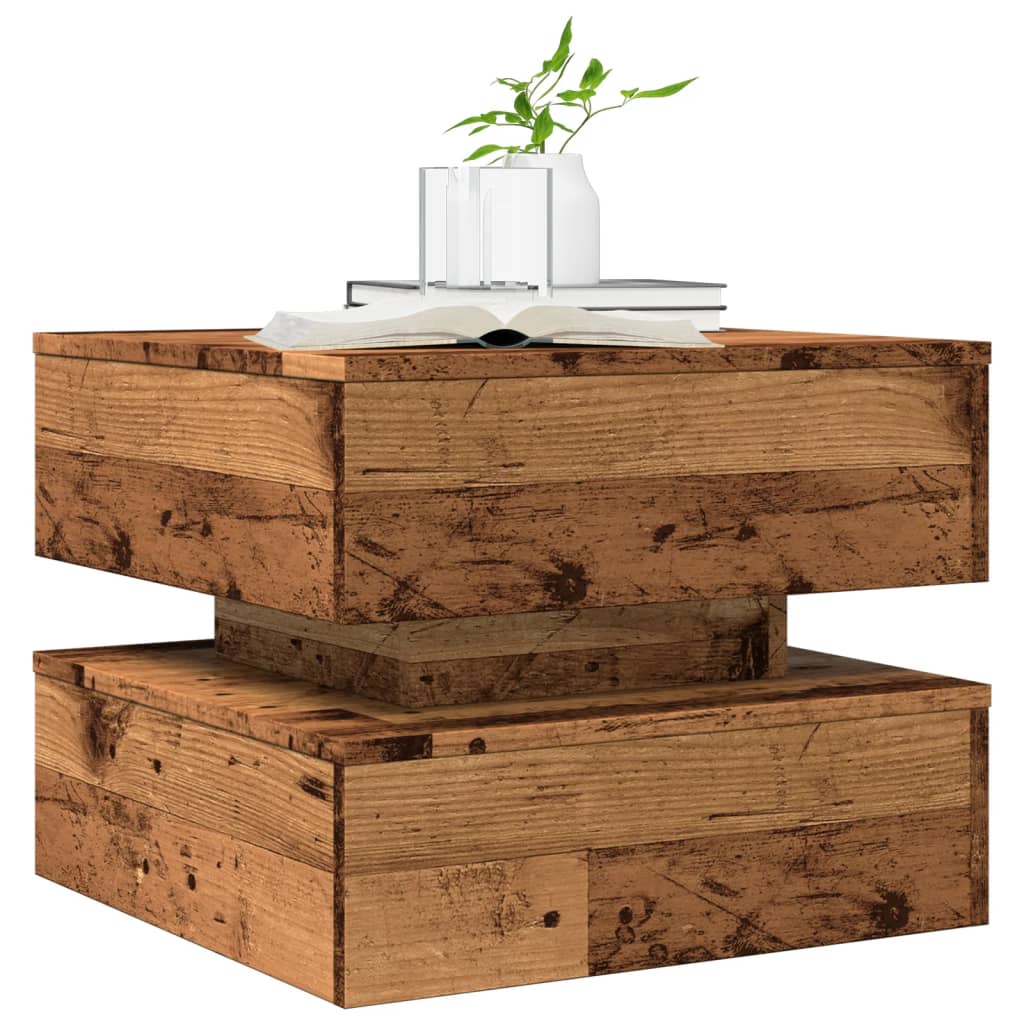 Salongbord med LED-lys gammelt tre 50x50x40 cm