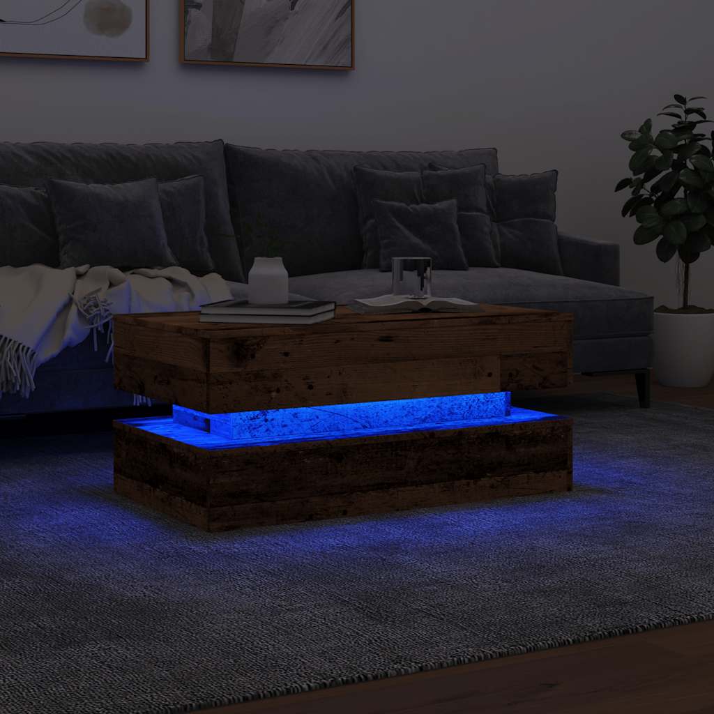 Salongbord med LED-lys gammelt tre 90x50x40 cm