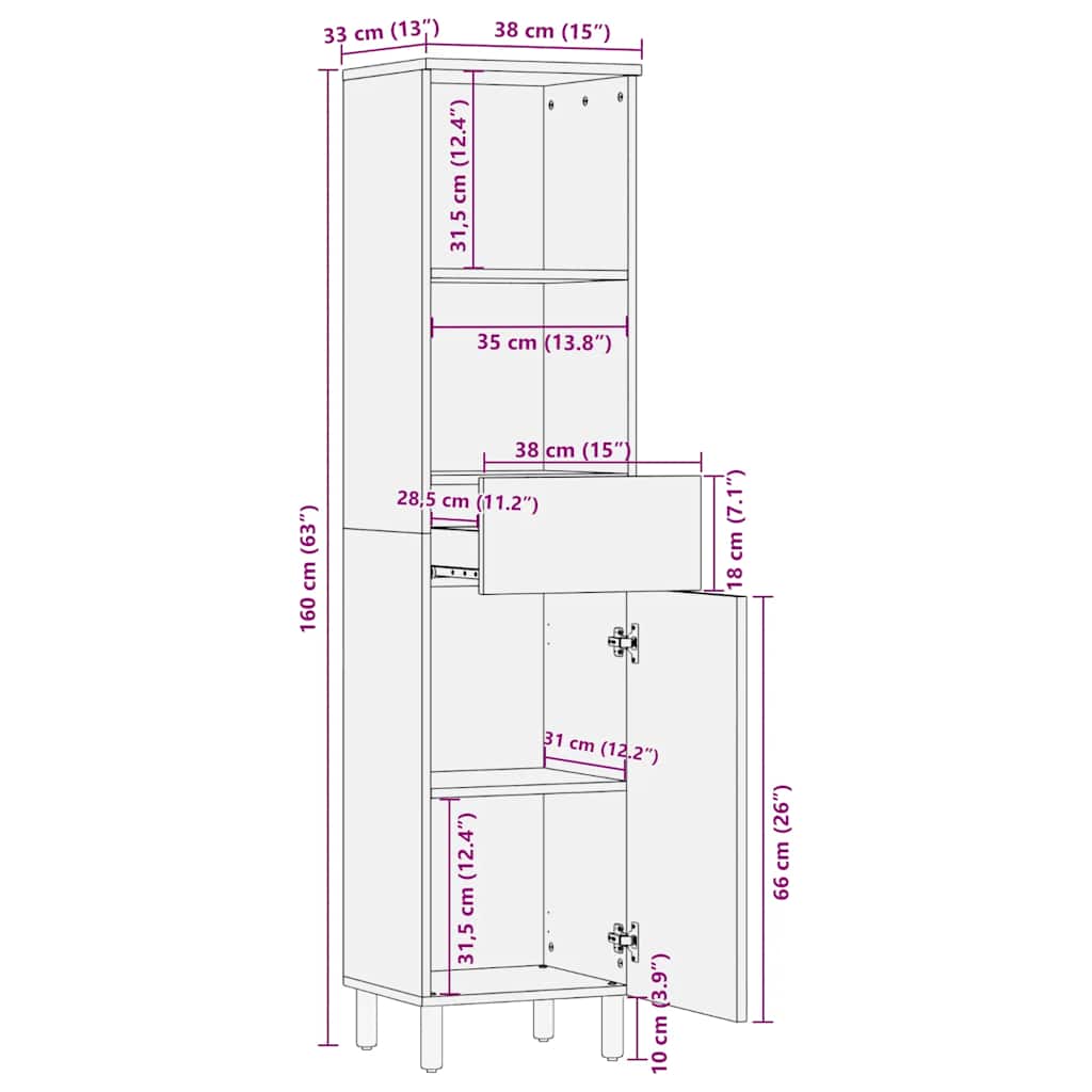 Baderomsskap brun 38x33x160 cm heltre mango