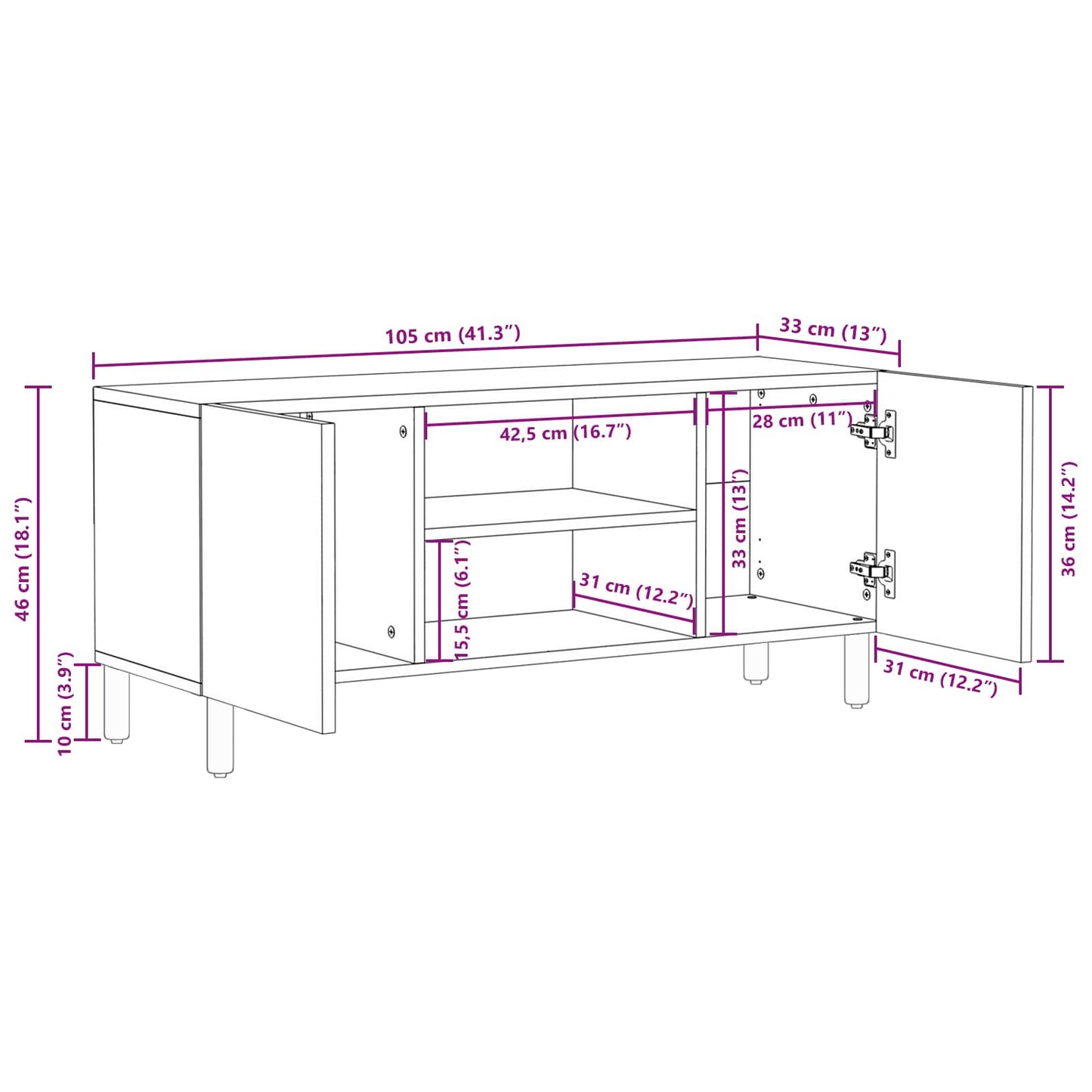 TV-skap Hvit Vask Finish 105 x 33 x 46 cm Massiv mango tre