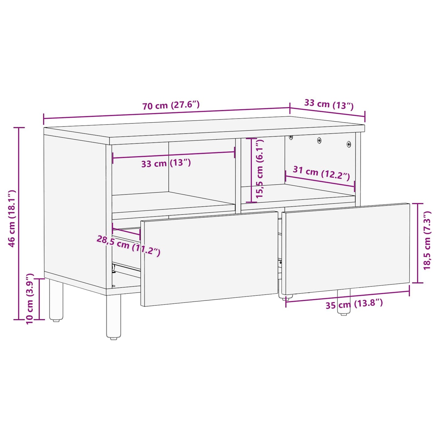 TV-skap Hvit Vask Finish 70 x 33 x 46 cm Massiv mango tre
