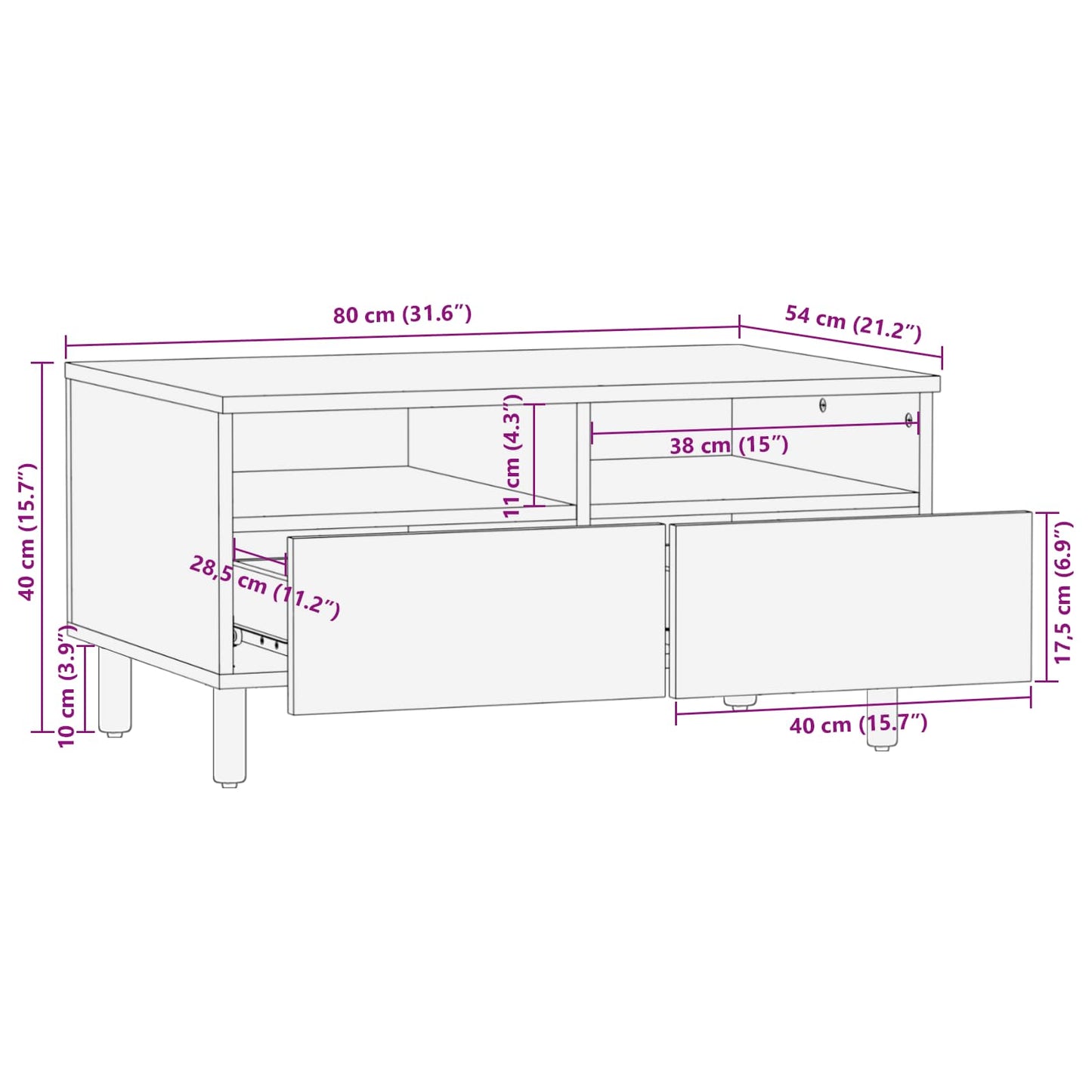 Kaffebord med skuff Hvit 80 x 54 x 40 cm Massiv mango tre