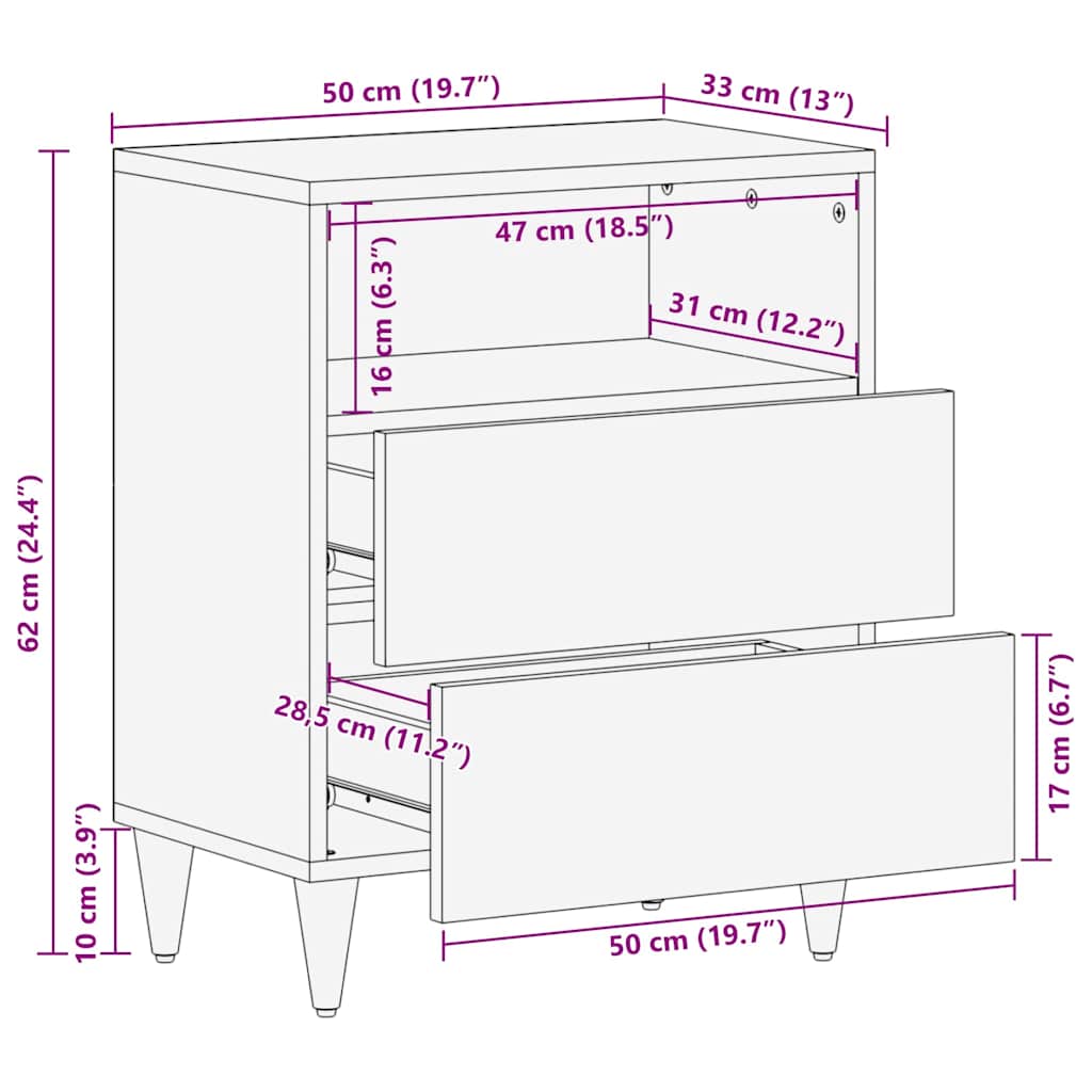 Nattbord med skuff Lysebrun 50 x 33 x 60 cm heltre mango