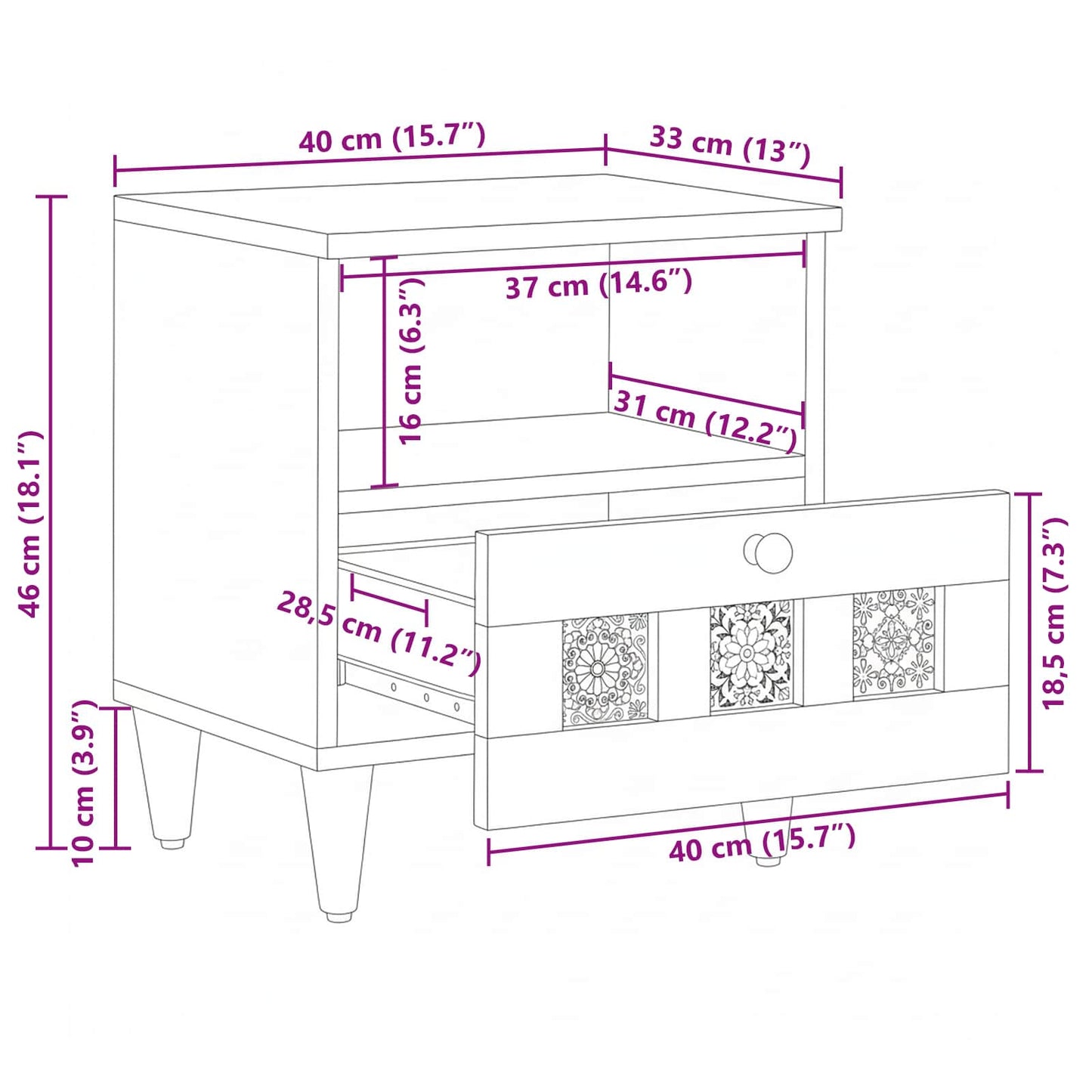 Nattbordskap Naturlig 40 x 33 x 46 cm Massiv mango tre