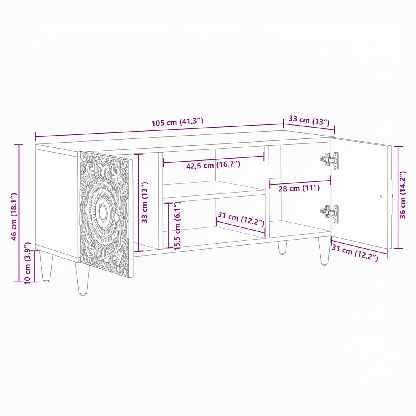 TV-skap med lagring Hvit 105 x 33,5 x 46 cm Massiv mango tre