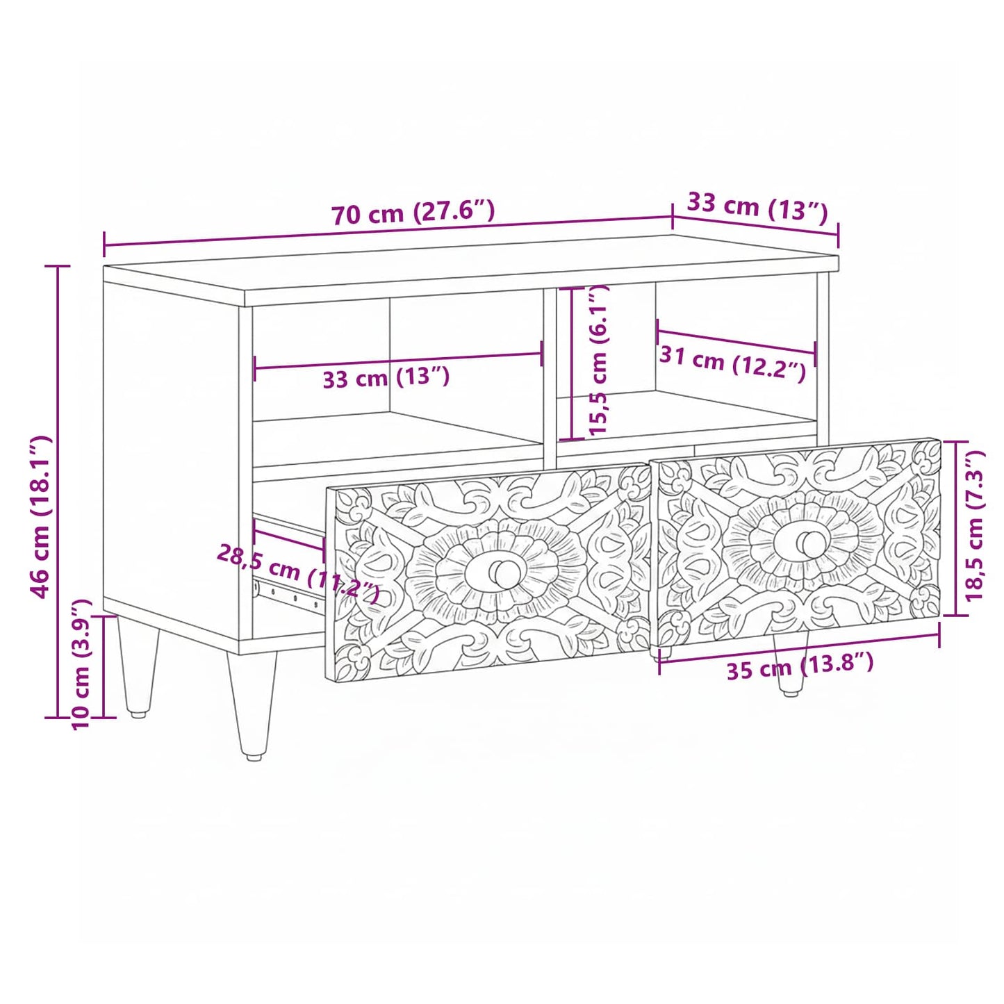 TV-skap med lagring Hvit 70 x 33,5 x 46 cm Massiv mango tre