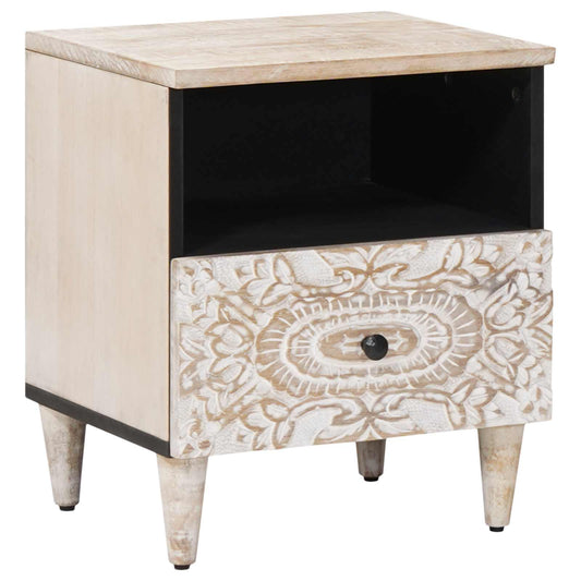 Sengekabinett med skuff Hvit 40 x 33 x 46 cm Massiv mango tre