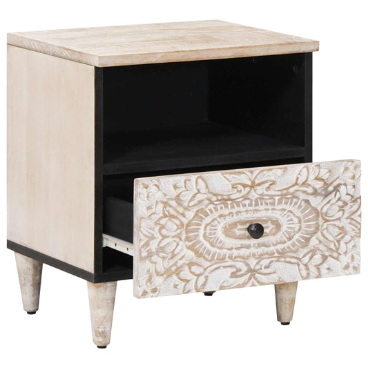 Sengekabinett med skuff Hvit 40 x 33 x 46 cm Massiv mango tre