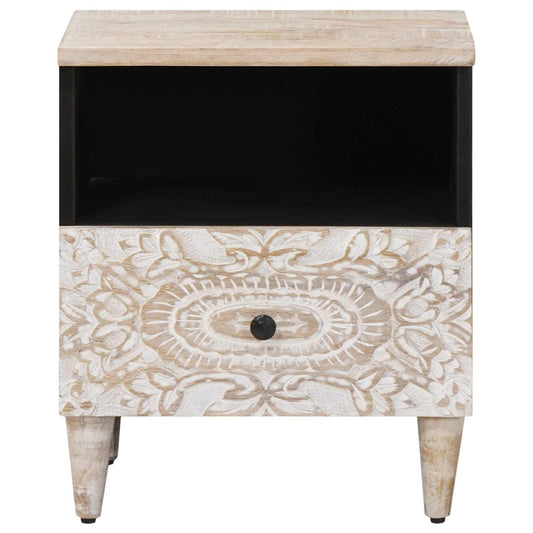 Sengekabinett med skuff Hvit 40 x 33 x 46 cm Massiv mango tre