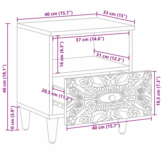 Sengekabinett med skuff Hvit 40 x 33 x 46 cm Massiv mango tre