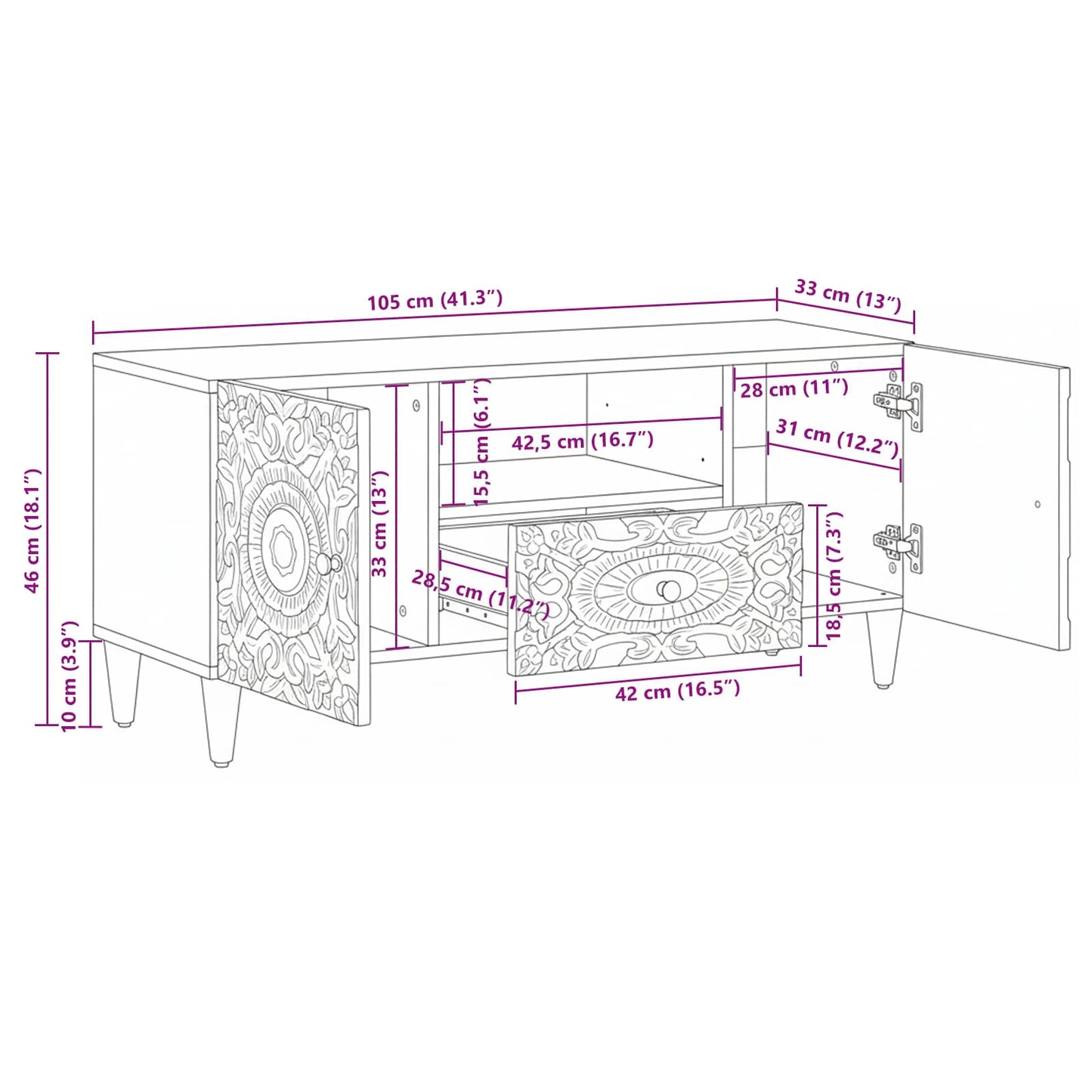 TV-skap med skuff Hvit 105 x 33,5 x 46 cm Massiv mango tre