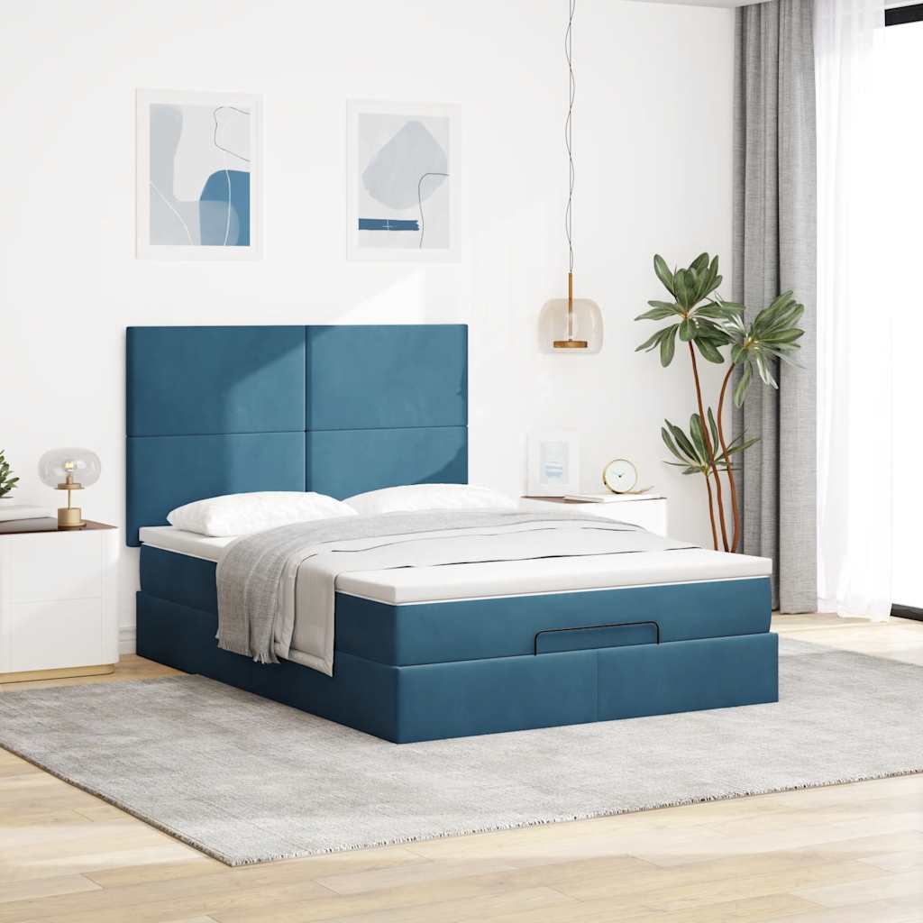 Ottoman sengeramme med madrasser mørkeblå 140x190cm fløyel