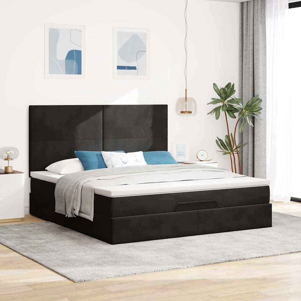 Ottoman sengeramme med madrasser svart 160x200cm fløyel