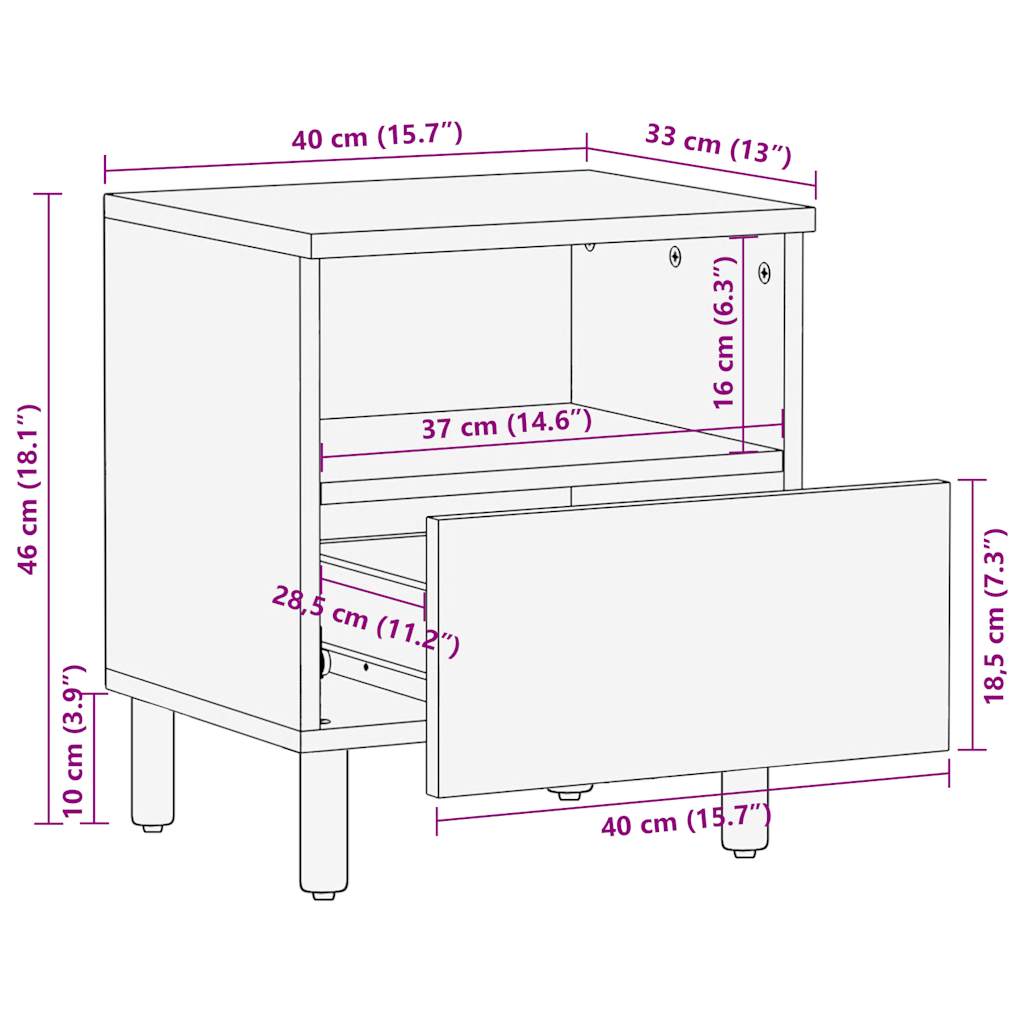 Nattbord svart 40x33x46 cm grovt heltre mangotre