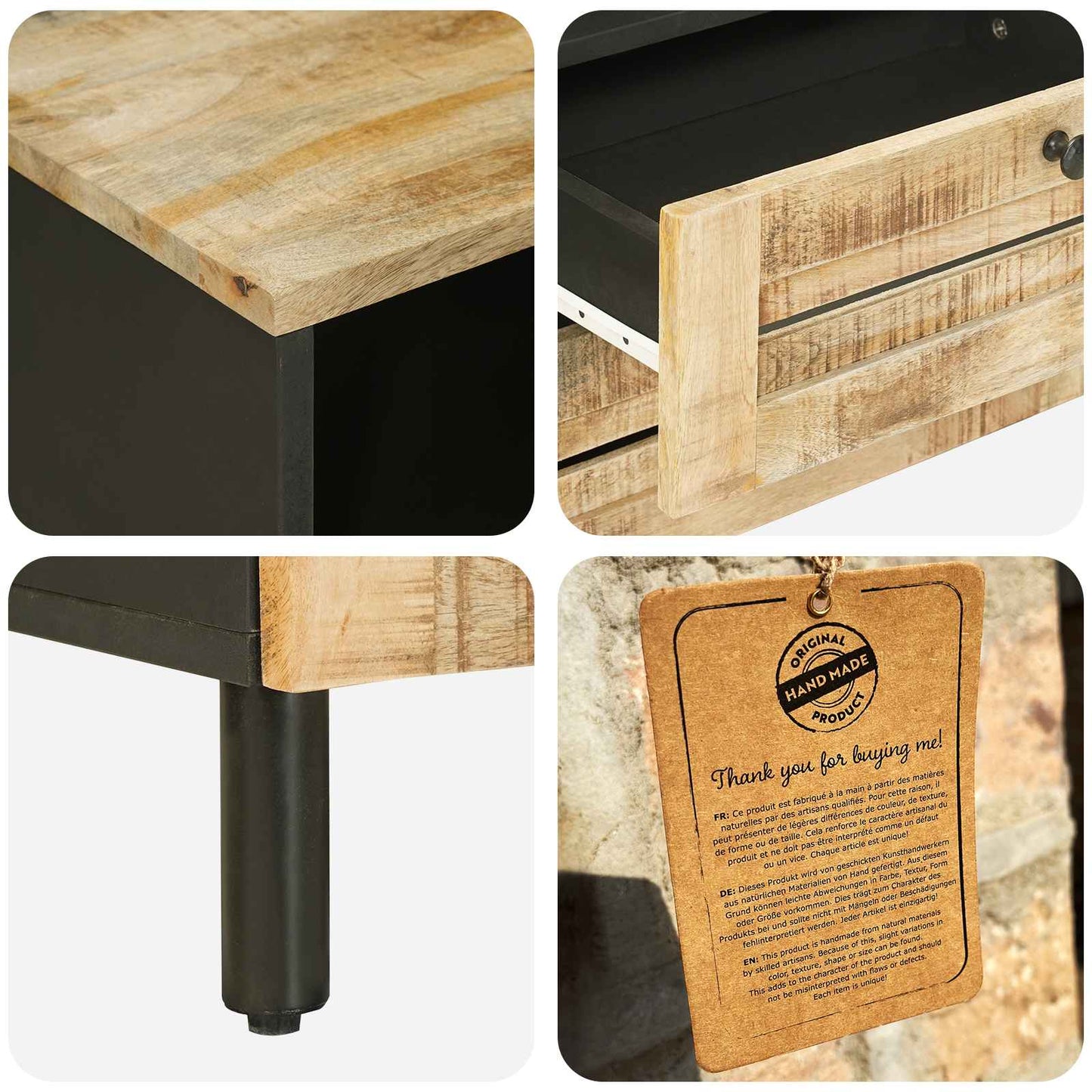 Nattbord Brun og svart 50 x 33 x 60 cm Massiv mango tre
