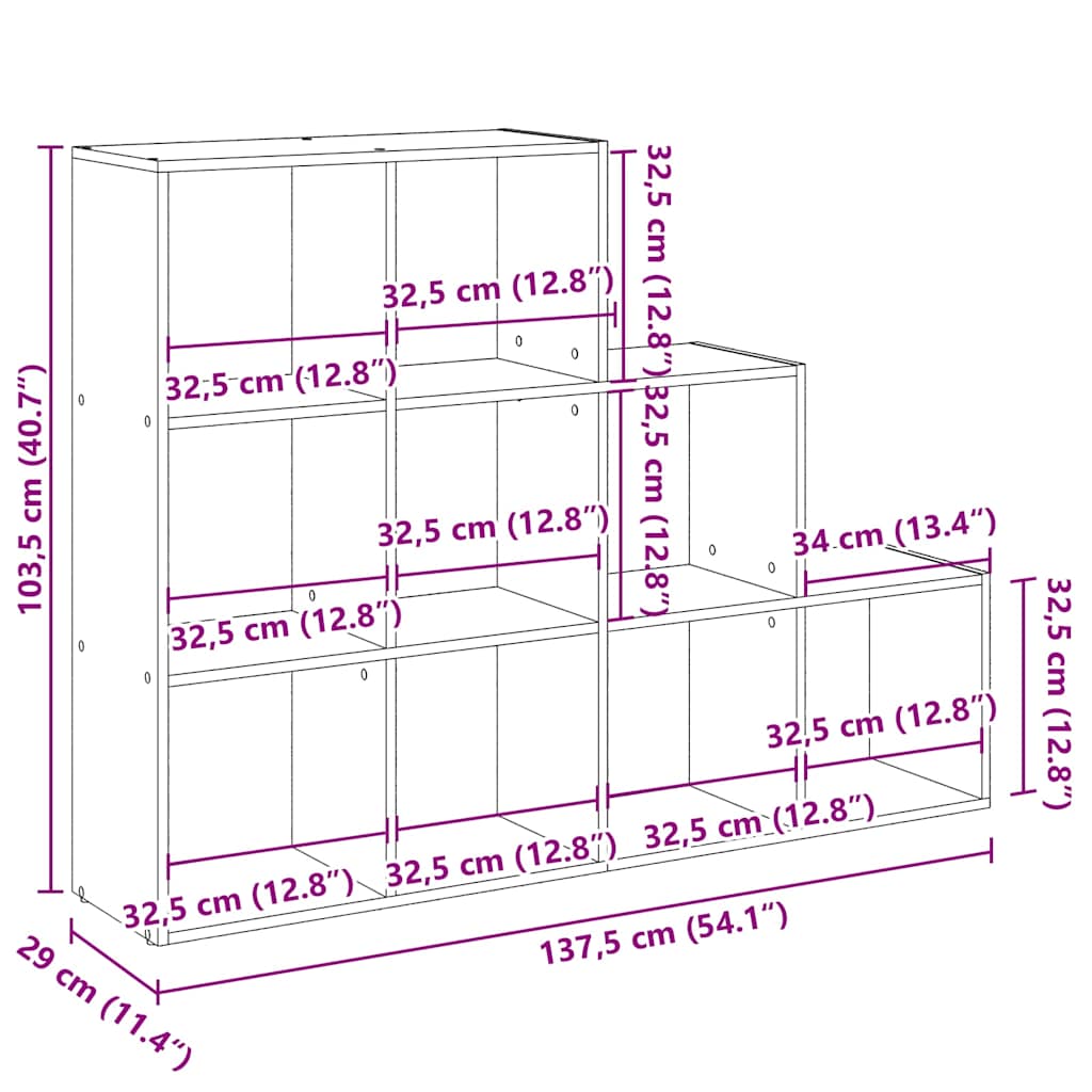 Bokhylle 3 etasjer hvit 137,5x29x103,5 cm konstruert tre