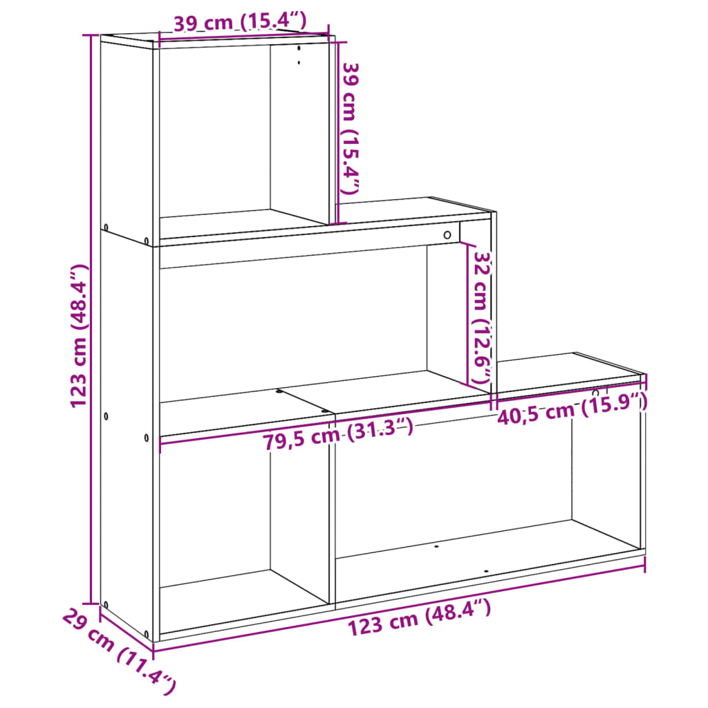 Romdeler bokhylle 3 etasjer svart 123x29x123 cm konstruert tre