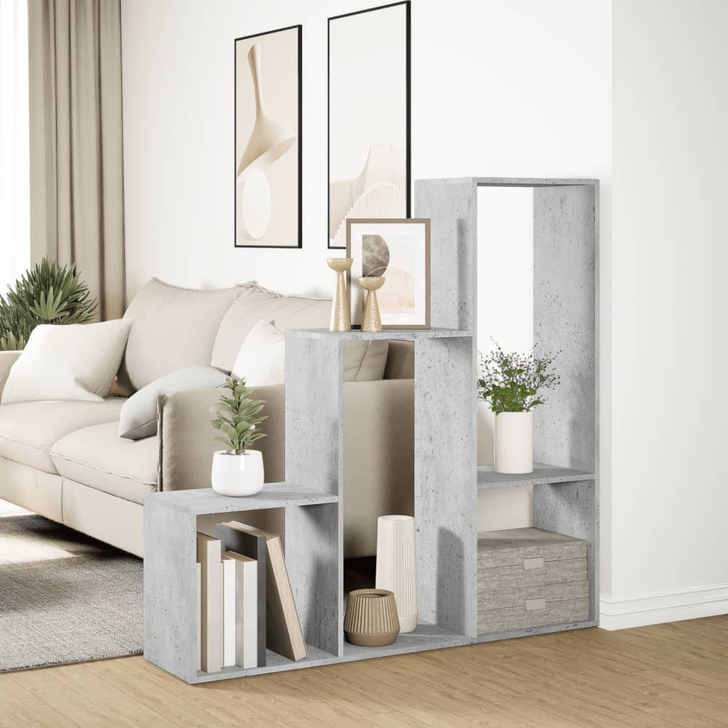 Romdeler bokhylle 3 lag betonggrå 123x29x123 cm konstruert tre