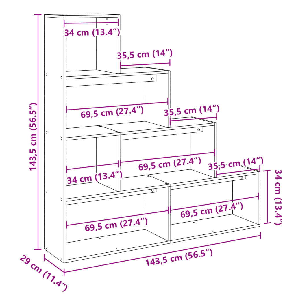 Bokhylle 4 etasjer gammelt eik 143,5x29x143,5 cm konstruert tre