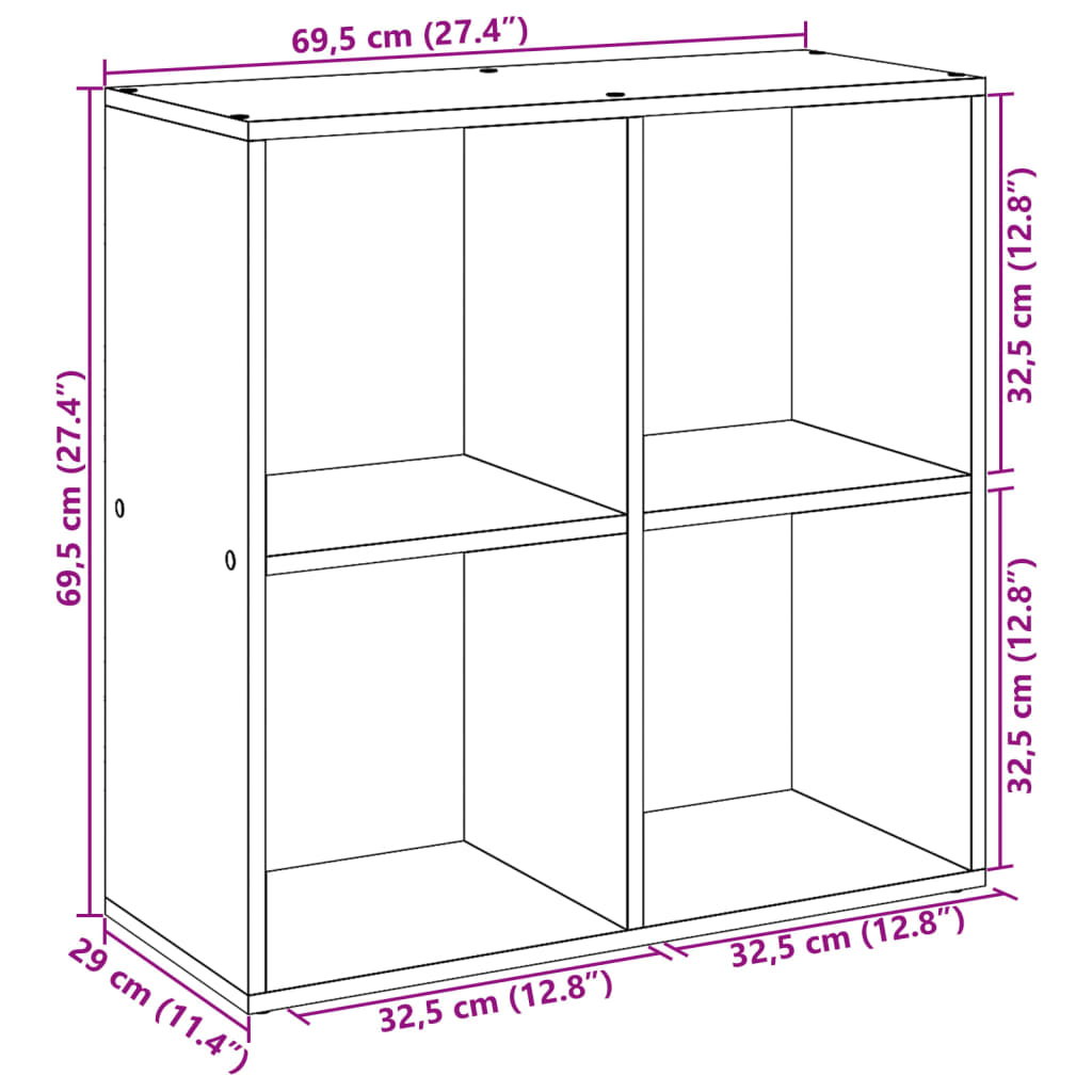 Romdeler bokhylle gammel tre 69,5x29x69,5 cm konstruert tre