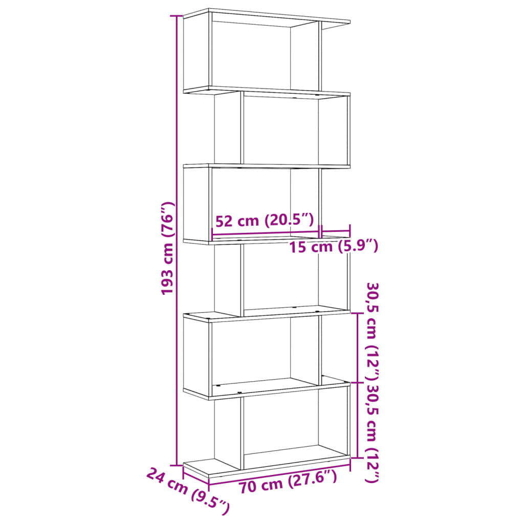 Romdeler bokhylle 6 lag betonggrå 70x24x193 cm konstruert tre
