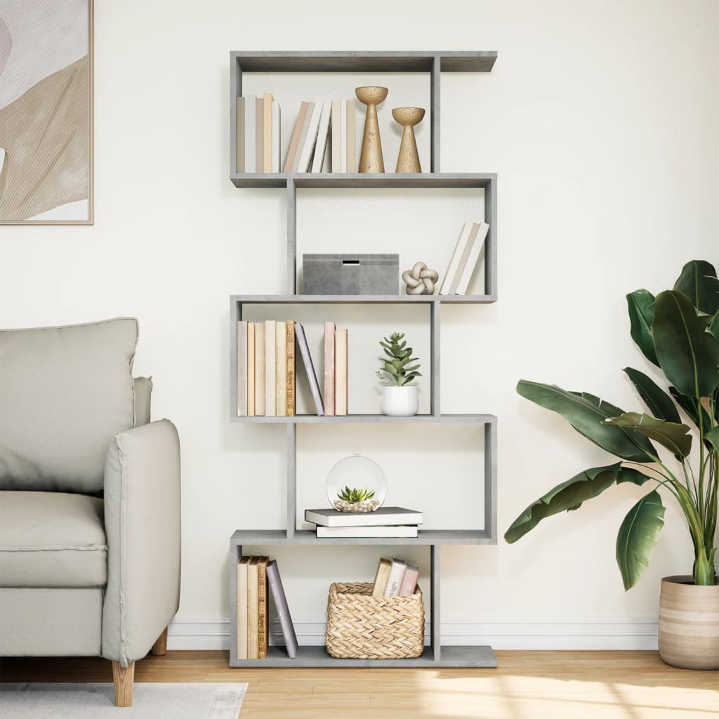Romdeler bokhylle 5 lag betonggrå 70x24x161 cm konstruert tre