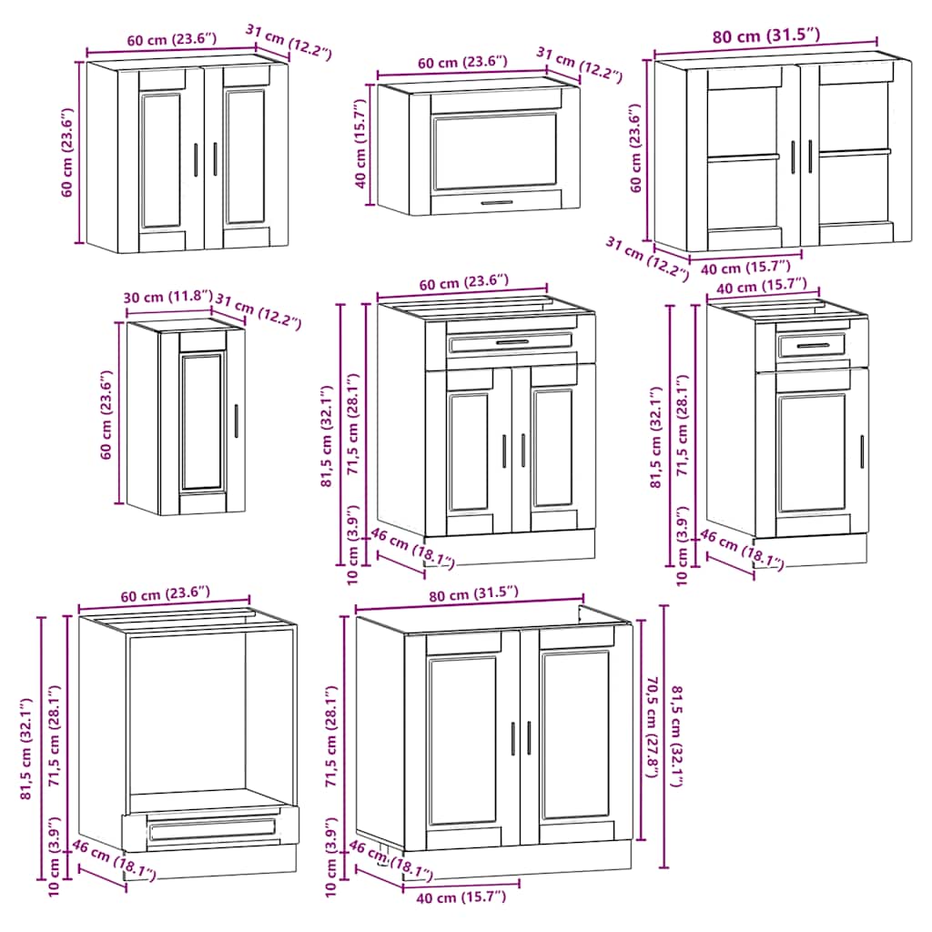 Kjøkkenskapssett 8 deler Kalmar gammelt tre konstruert tre