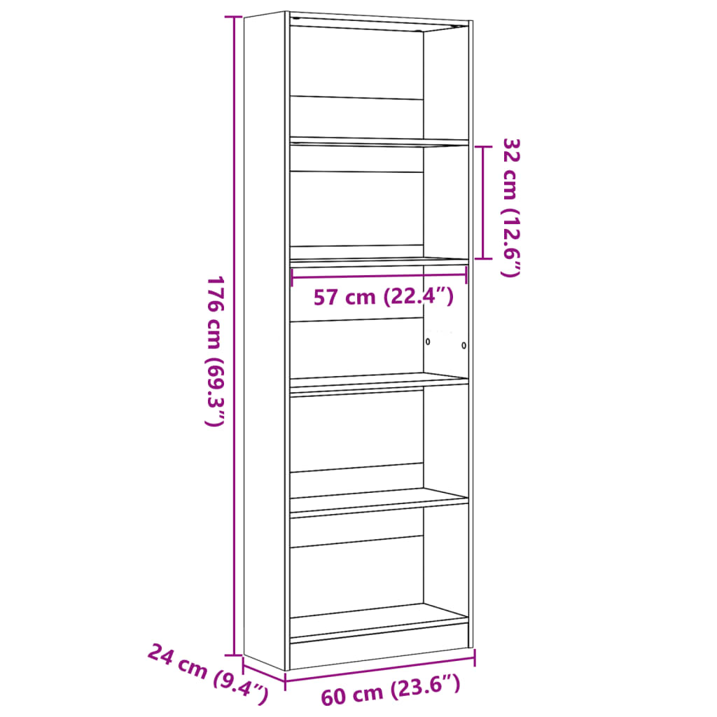 Bokhylle gammelt tre 60x24x176 cm konstruert tre
