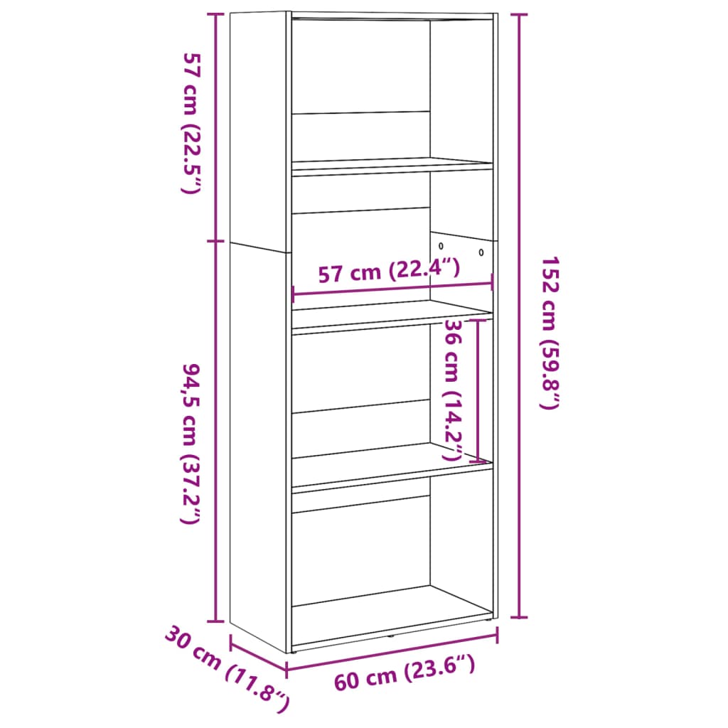 Bokhylle sonoma eik 60x30x152 cm konstruert tre
