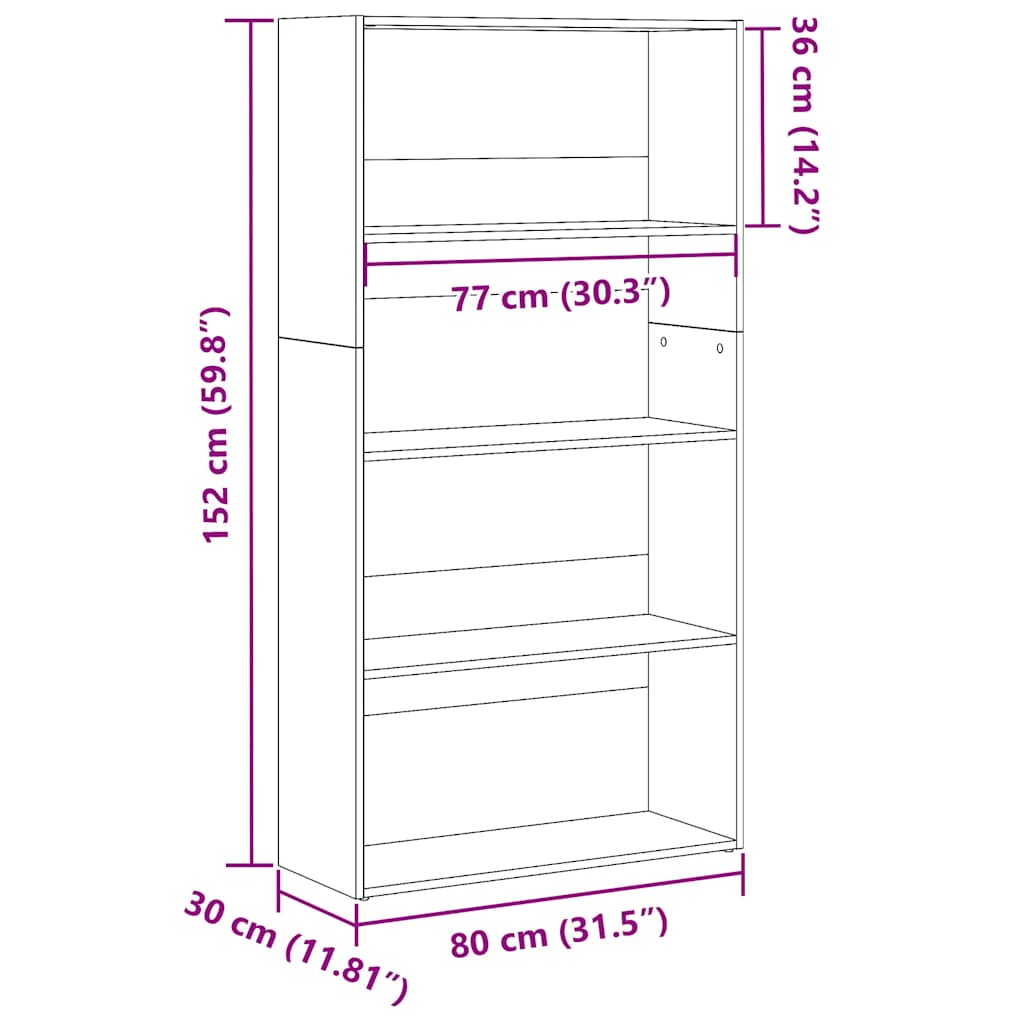 Bokhylle hvit 80x30x152 cm konstruert tre