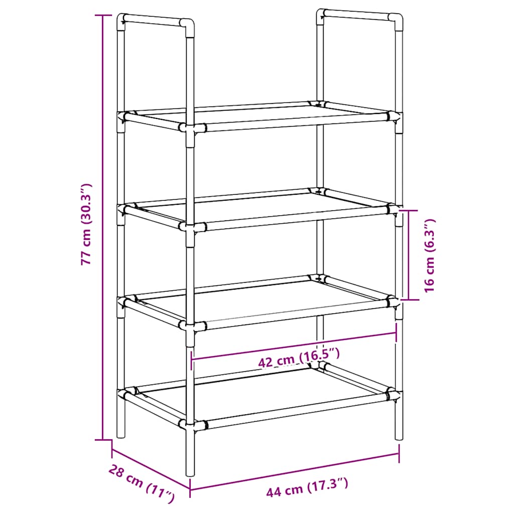 Skostativ 4-lags svart 44x28x77 cm ikke-vevd stoff