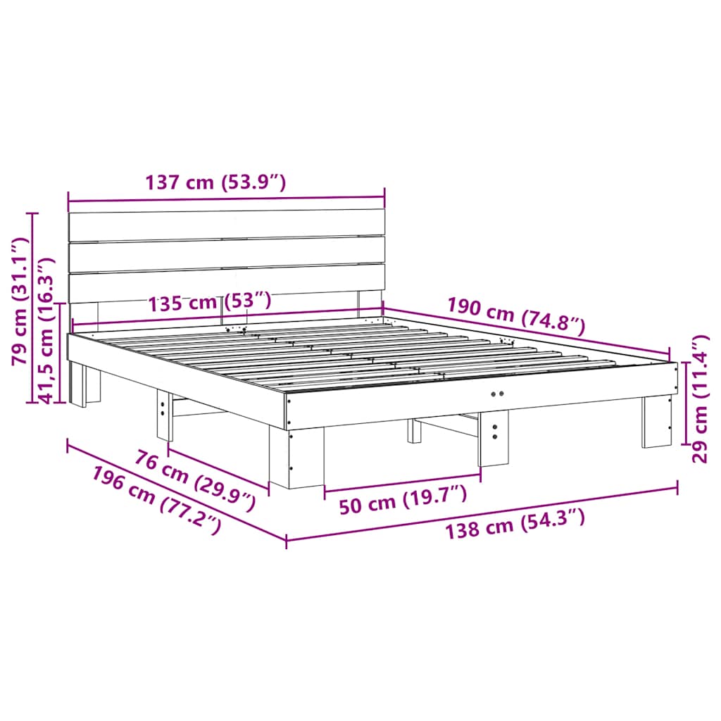 Sengeramme med sengegavl uten madrass 135x190 cm Heltre Eik
