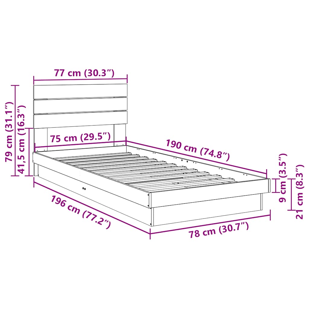 Sengeramme med sengegavl uten madrass 75x190 cm Heltre Eik