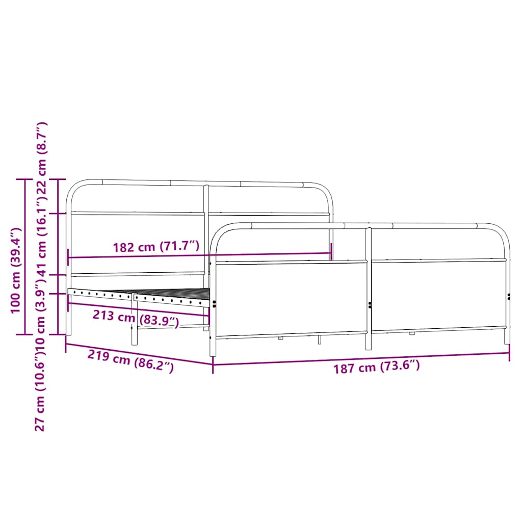 Sengeramme i metall uten madrass røkt eik 183x213 cm