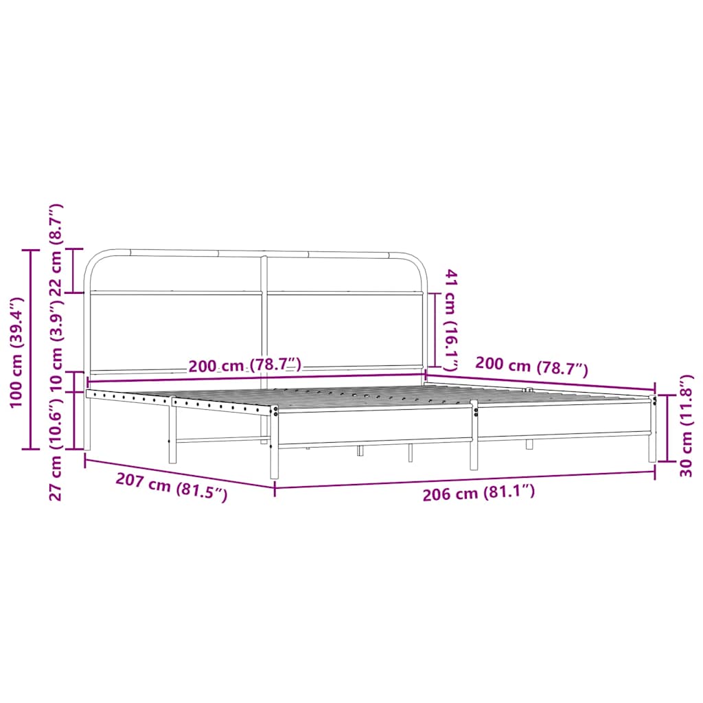 Sengeramme i metall uten madrass sonoma eik 200x200 cm