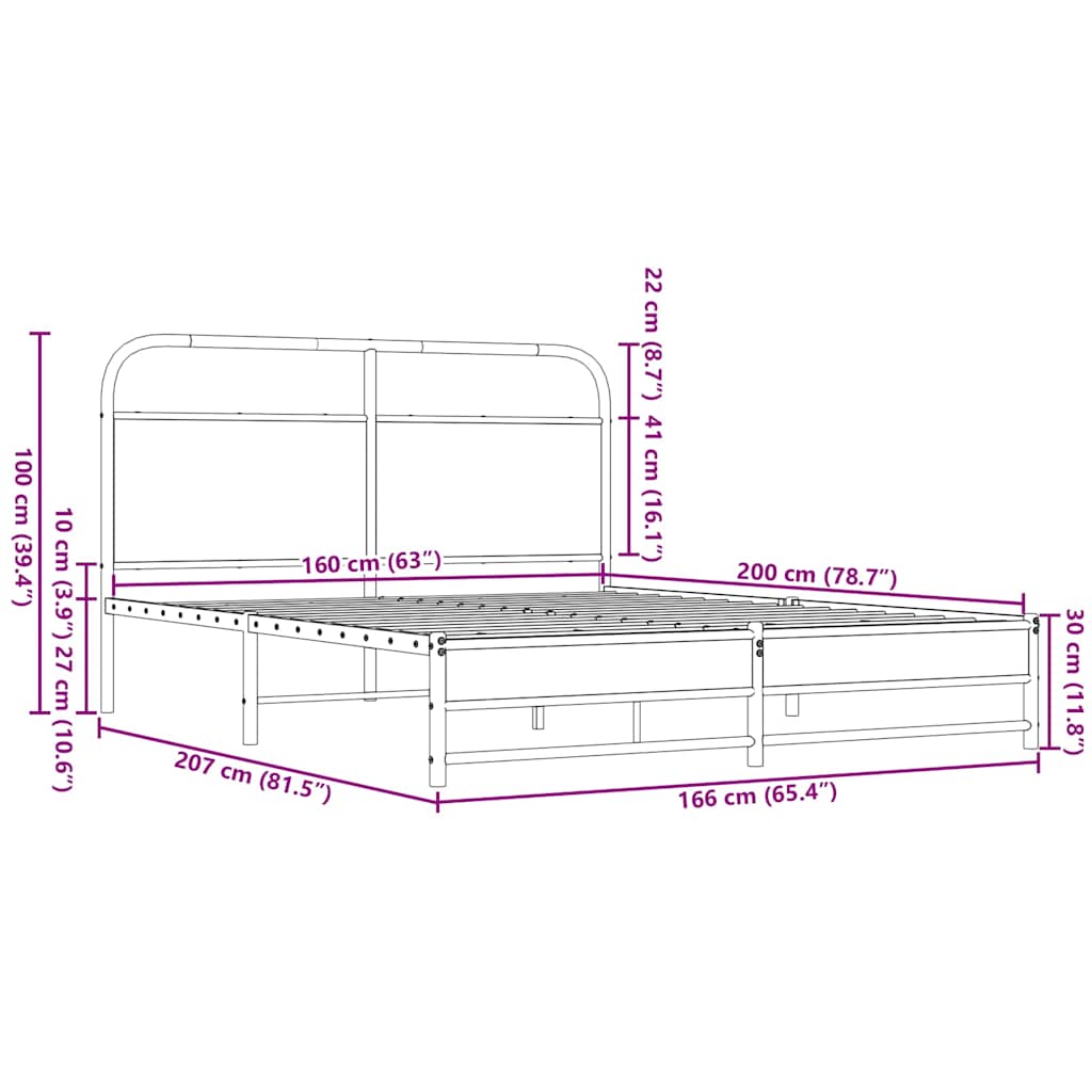 Sengeramme i metall uten madrass brun eik 160x200 cm