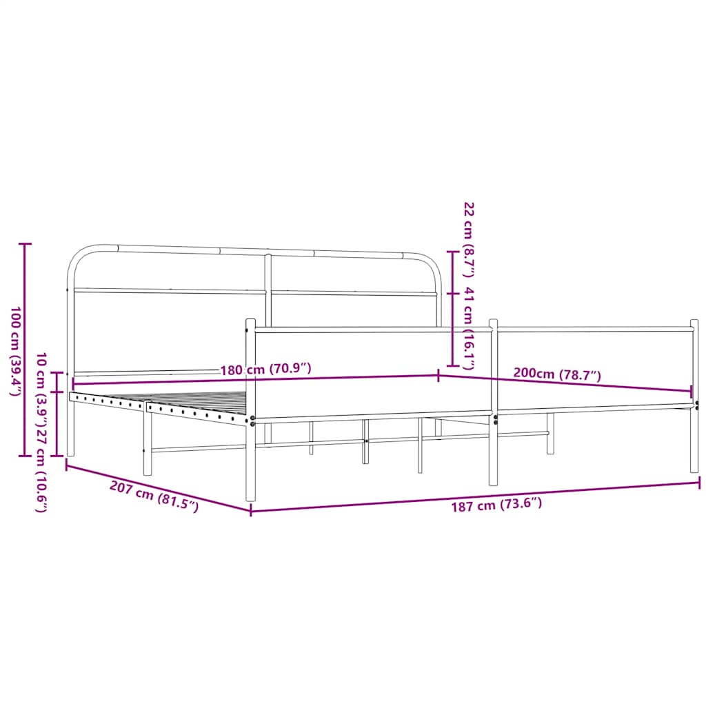 Sengeramme i metall uten madrass brun eik 180x200 cm