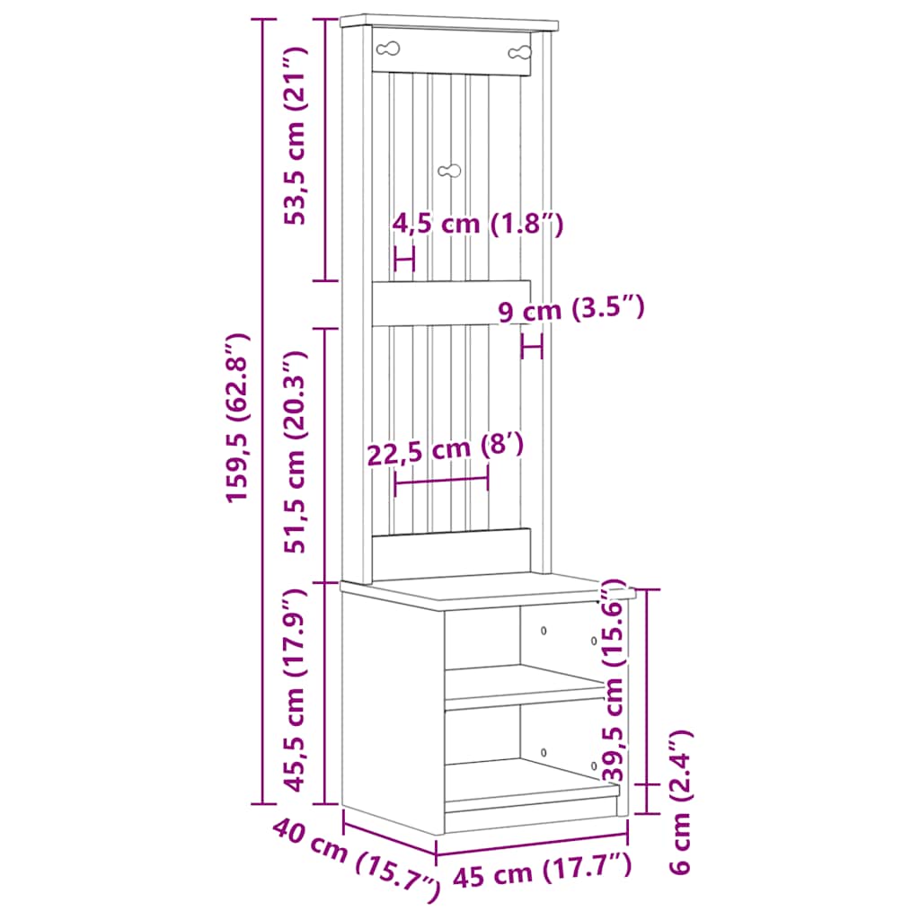 Halltre SANDNES 45x40x159,5 cm heltre furu