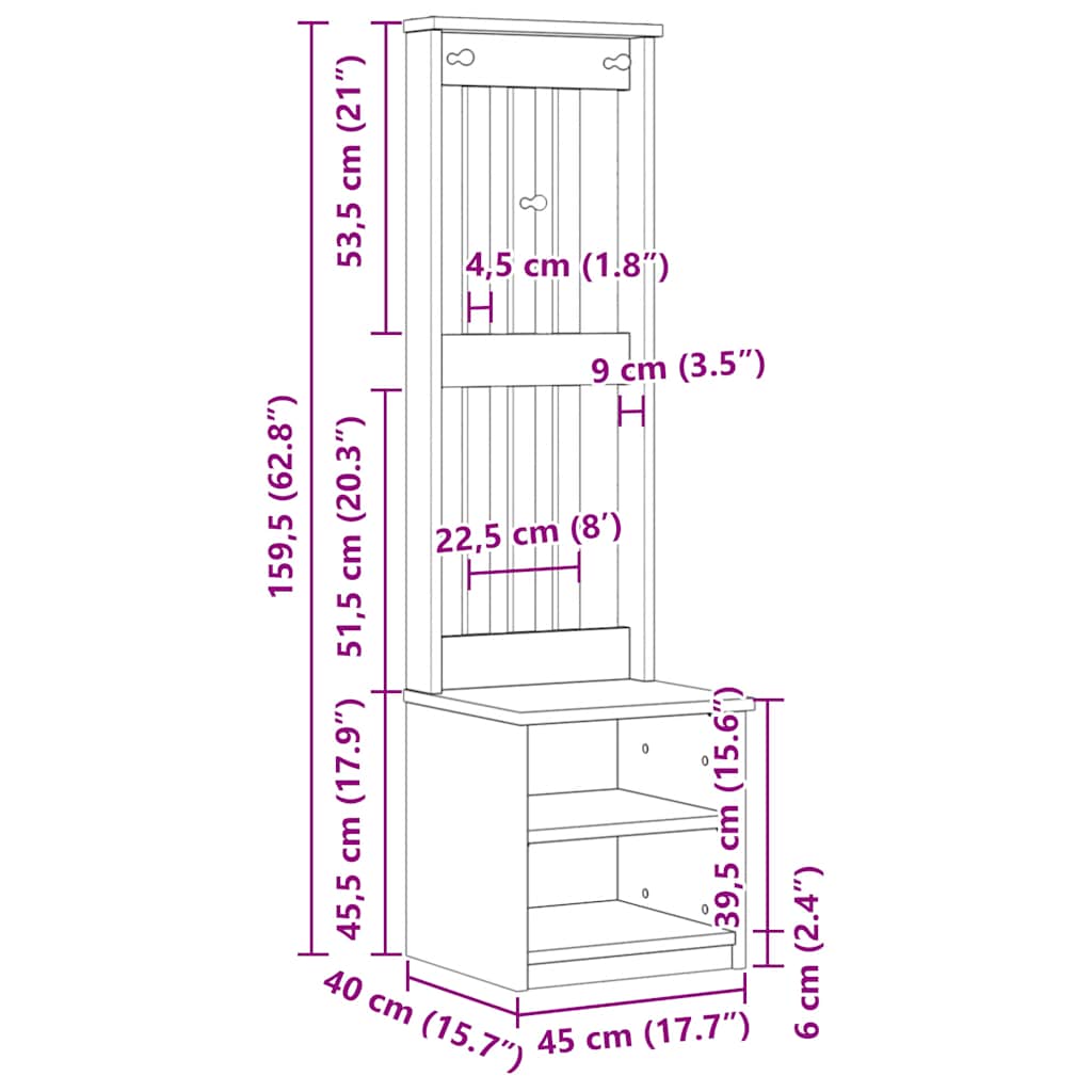 Halltre SANDNES hvit 45x40x159,5 cm heltre furu