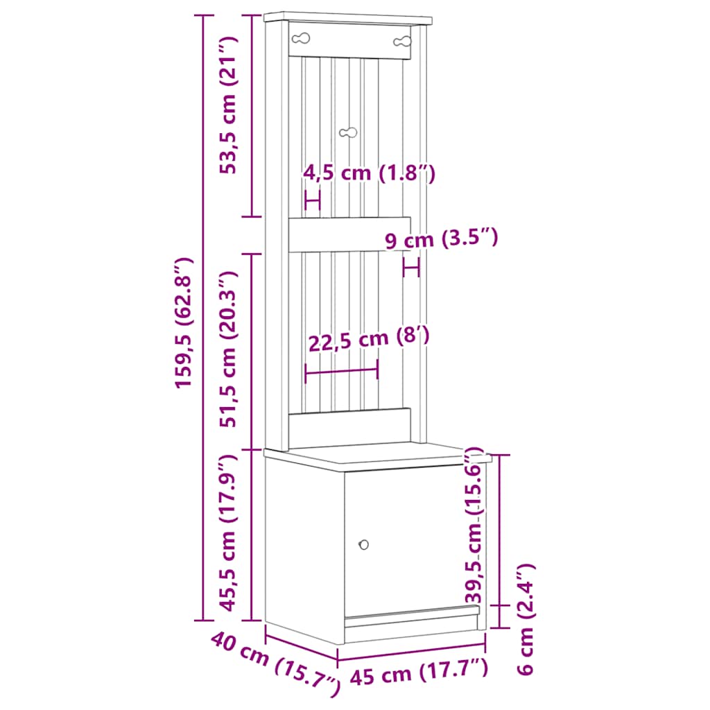 Halltre SANDNES 45x40x159,5 cm heltre furu