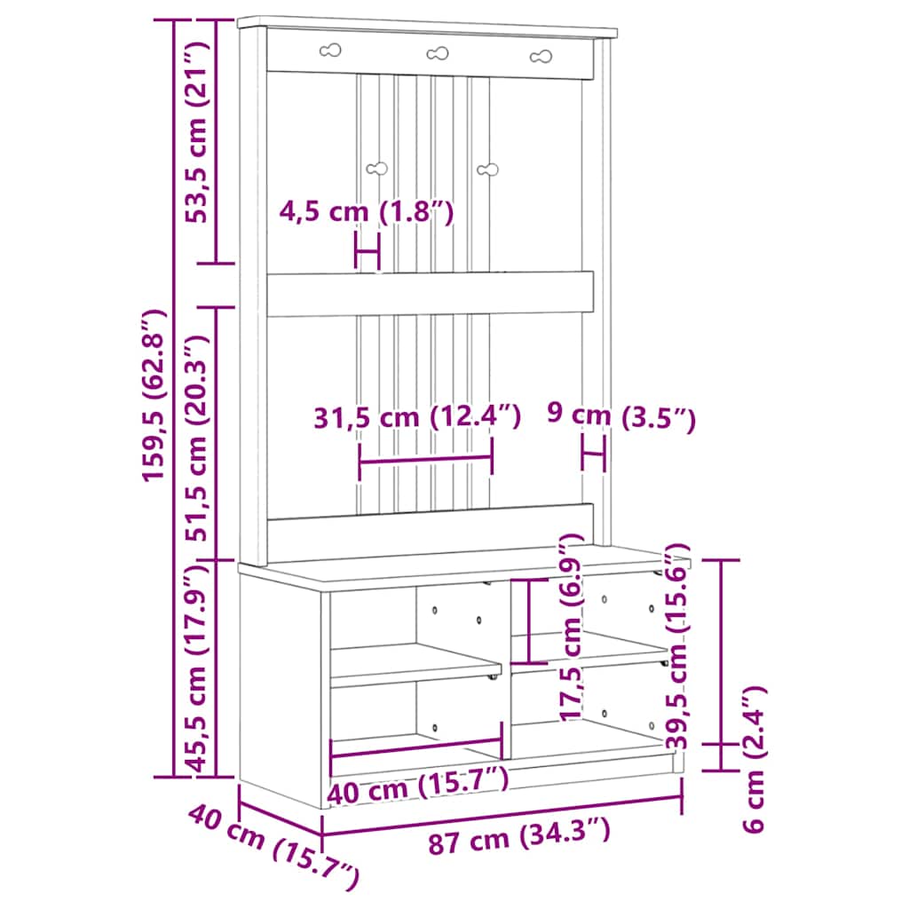 Halltre SANDNES 87x40x159,5 cm heltre furu